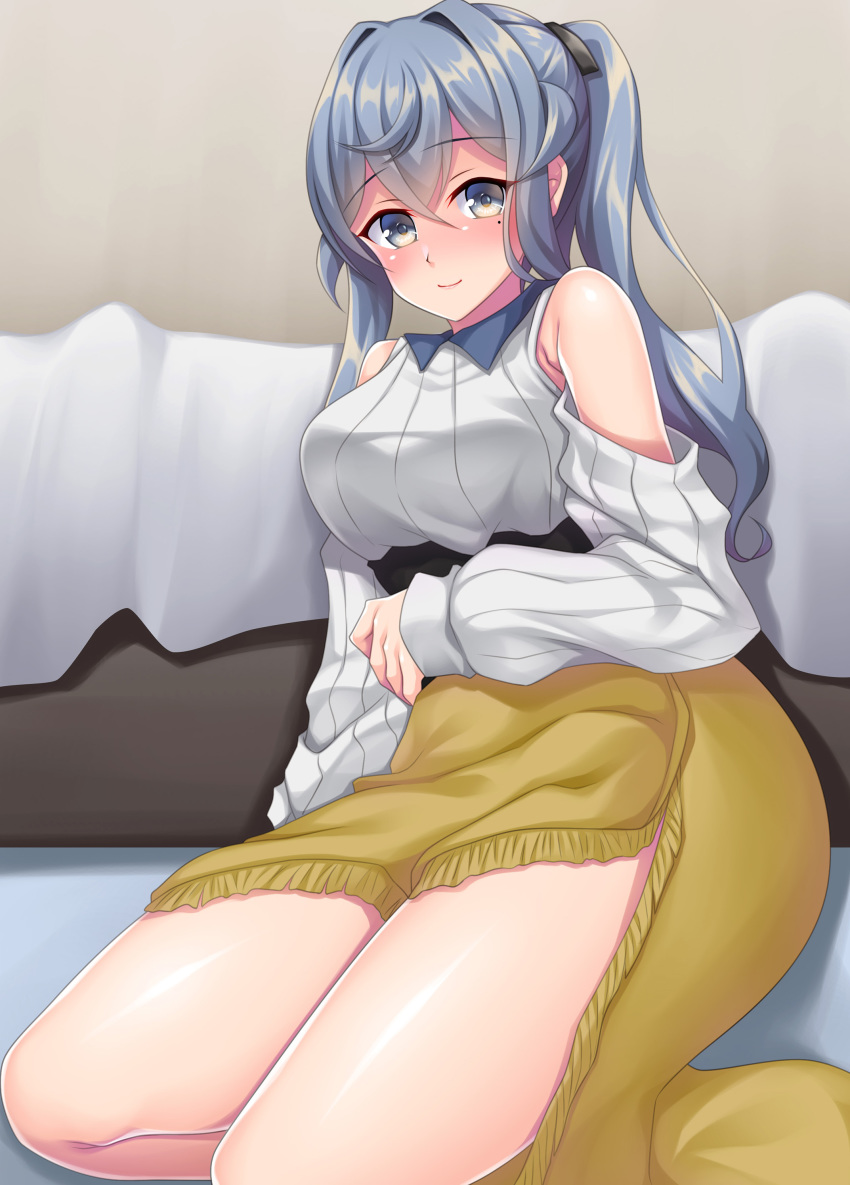 1girl, absurdres, bare_shoulders, blue_eyes, blue_hair, blush, breasts, closed_mouth