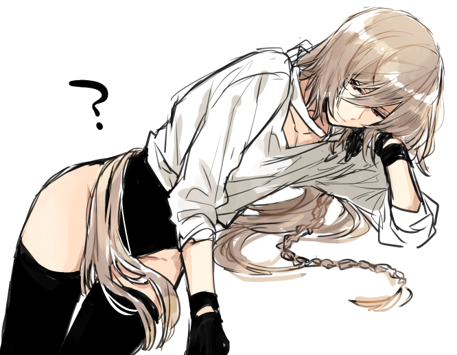 1boy, black_male_underwear, black_thighhighs, braid, brown_hair, fujiko_(chaka), gloves, granblue_fantasy, hand_on_own_cheek, hand_on_own_face, lamorak_(granblue_fantasy), leaning, long_bangs, long_hair, looking_to_the_side, lying, male_focus, male_underwear, red_eyes, shirt, smile, solo, thighhighs, thighs, underwear, white_background, white_shirt