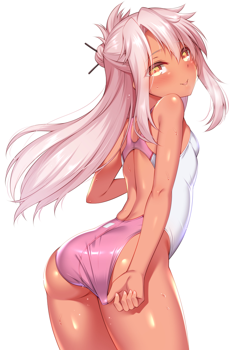 1girl, :p, adjusting_clothes, adjusting_swimsuit, ass, bare_shoulders, blush, breasts, chloe_von_einzbern, closed_mouth, competition_swimsuit, cowboy_shot, dark-skinned_female, dark_skin, fate/kaleid_liner_prisma_illya, fate_(series), hair_bun, hair_ornament, hair_stick, highres, leaning_forward, long_hair, looking_at_viewer, looking_back, one-piece_swimsuit, pink_hair, simple_background, single_hair_bun, small_breasts, smile, solo, swimsuit, tongue, tongue_out, two-tone_swimsuit, wedgie, wet, white_background, yellow_eyes, zirba