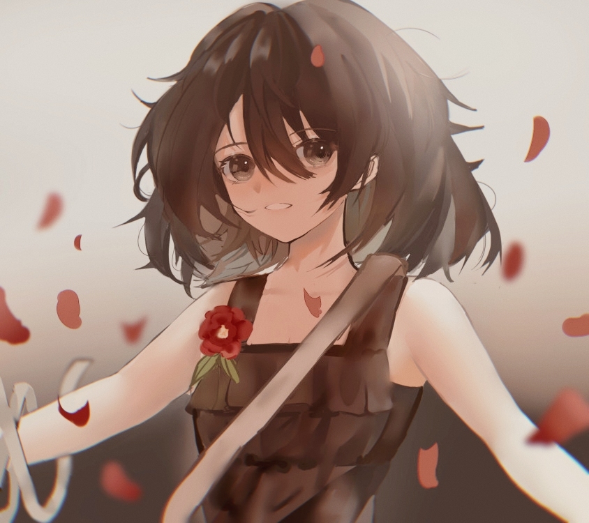1girl, anita_(arknights), arknights, bare_shoulders, black_dress, black_eyes, black_hair, boutonniere