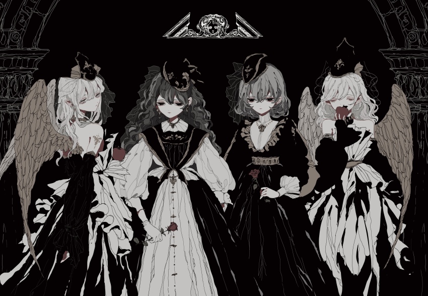 4girls, absurdres, black_background, black_hair, dress, feathered_wings, feathers, flower, goth_fashion, highres, long_dress, long_hair, long_sleeves, multiple_girls, original, puffy_sleeves, rose, wavy_hair, white_hair, wings, yuko_(foret_noire)