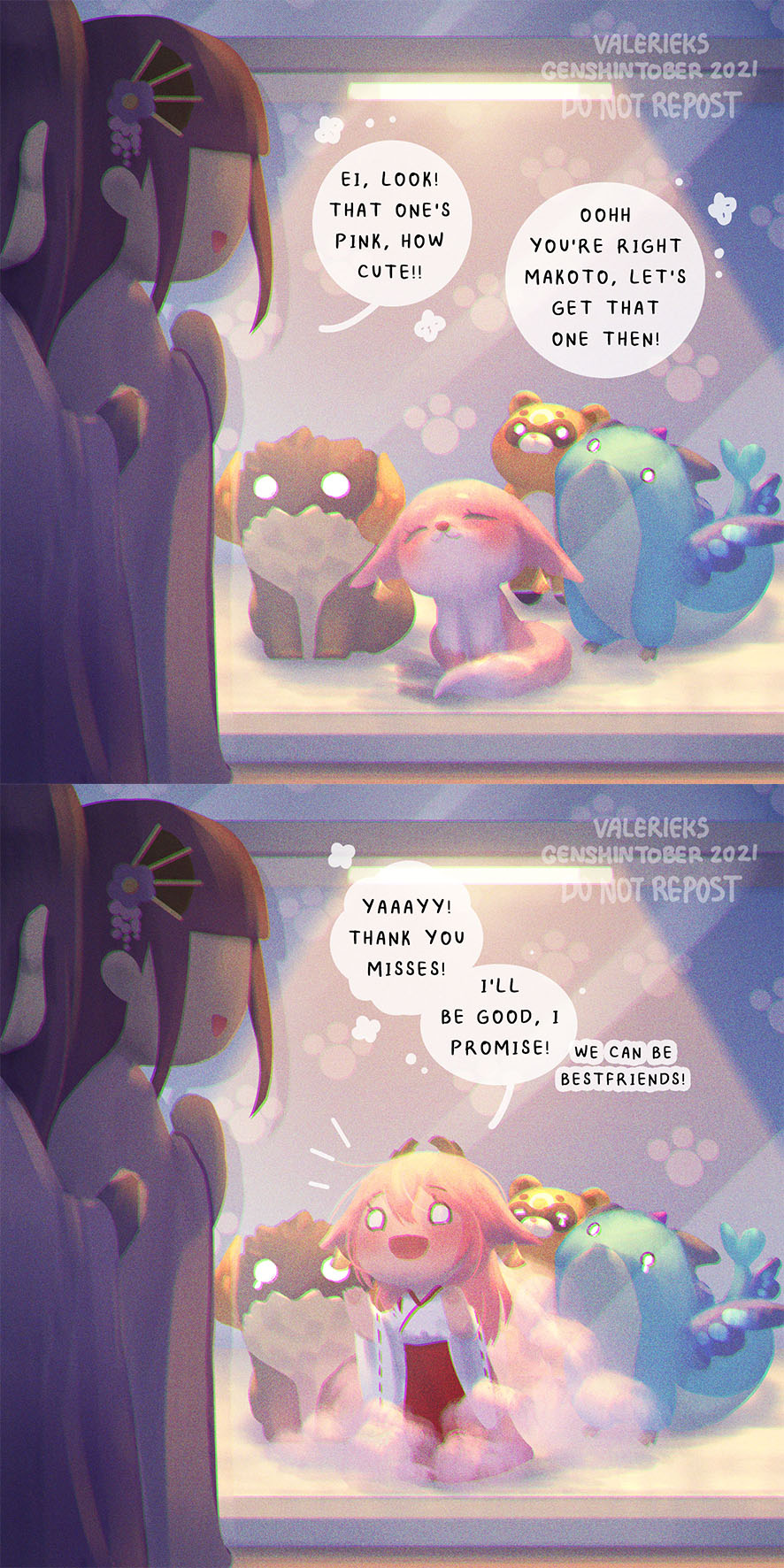 2girls, :d, alternate_form, animal_ears, azhdaha_(genshin_impact), bear, bridal_gauntlets, commentary, crying, crying_with_eyes_open, earrings, english_commentary, english_text, flower, fox, fox_ears, fox_girl, fox_tail, genshin_impact, guoba_(genshin_impact), hair_flower, hair_ornament, hakama, hakama_skirt, happy, highres, japanese_clothes, jewelry, kimono, long_hair, long_sleeves, looking_at_another, makoto_(genshin_impact), multiple_girls, open_mouth, pink_hair, purple_hair, purple_kimono, raiden_shogun, red_hakama, ribbon-trimmed_sleeves, ribbon_trim, siblings, sidelocks, sisters, skirt, smile, spoilers, tail, tears, transformation, valerieks, whale, wide_sleeves, yae_miko, yae_miko_(fox)