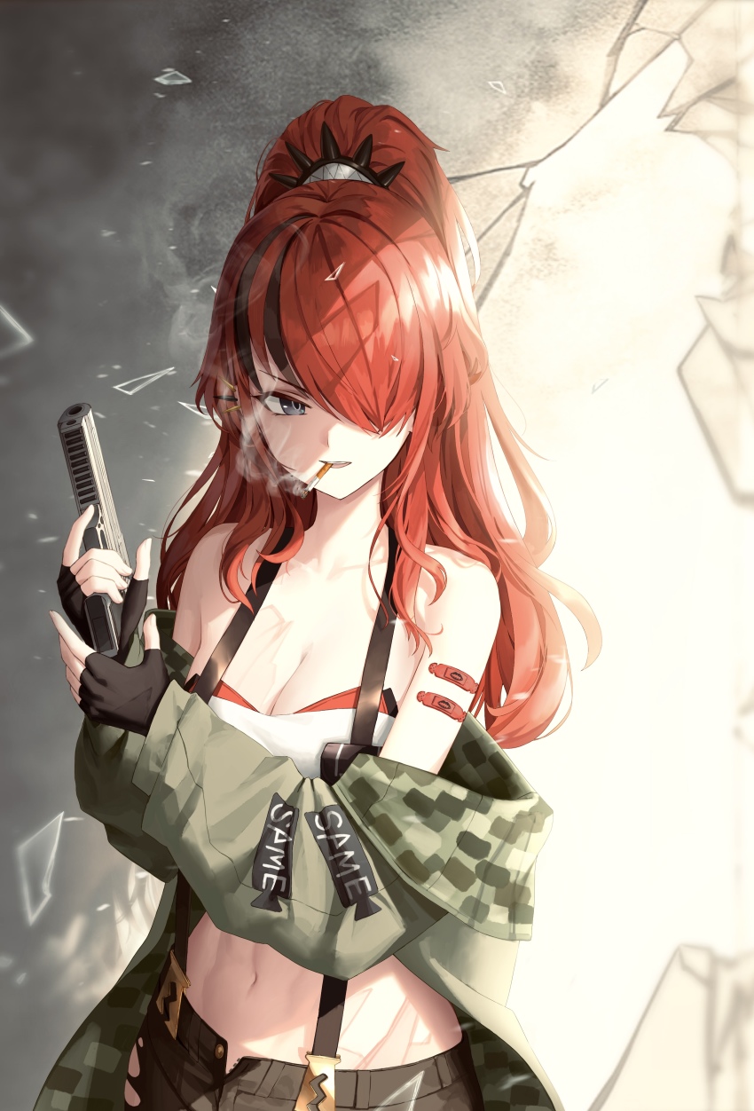 1girl, absurdres, bandaid, bandaid_on_arm, bare_shoulders, bike_shorts, bike_shorts_under_shorts, black_gloves