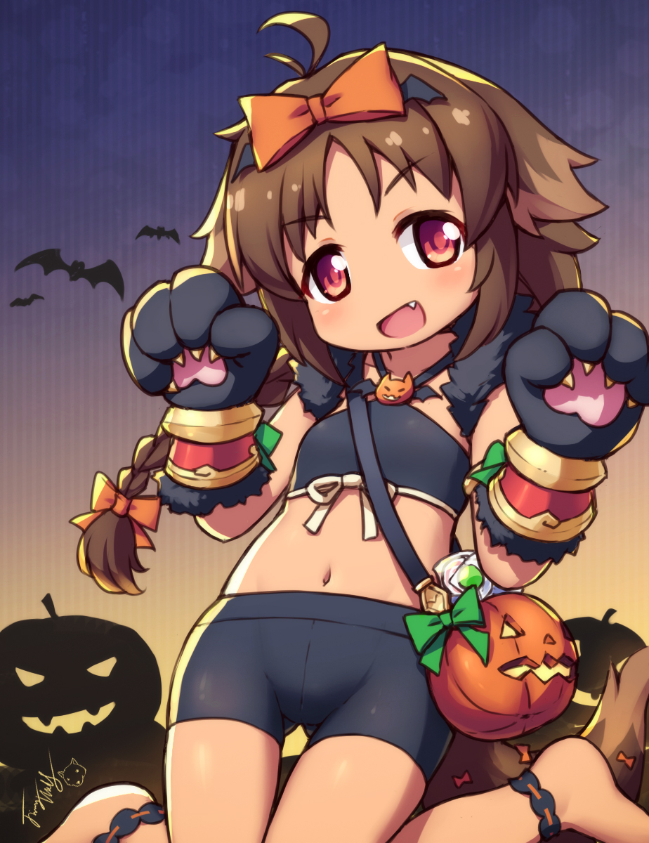 1girl, :d, aged_down, ahoge, animal, animal_hands, barefoot, bat_(animal), bike_shorts, black_gloves, black_shorts, bow, braid, brown_hair, commentary_request, fang, gloves, hair_bow, halloween, halloween_bucket, halterneck, head_tilt, highres, jack-o'-lantern, kaori_(halloween)_(princess_connect!), kaori_(princess_connect!), kneeling, knees_together_feet_apart, langbazi, long_hair, midriff, navel, open_mouth, orange_bow, paw_gloves, princess_connect!, red_eyes, short_shorts, shorts, signature, single_braid, smile, solo, very_long_hair