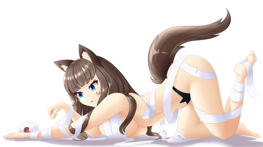 1girl, absurdres, animal_ears, ass, barefoot, blue_eyes, breasts, brown_hair