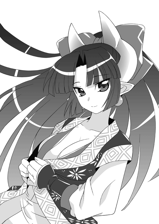 1girl, breasts, cleavage, earrings, female_focus, fuyou_(shinrabanshou), greyscale, hair_ribbon, hikabe_sakuho, horns, jewelry, large_breasts, long_hair, monochrome, pointy_ears, ribbon, shinrabanshou, smile, solo, undressing