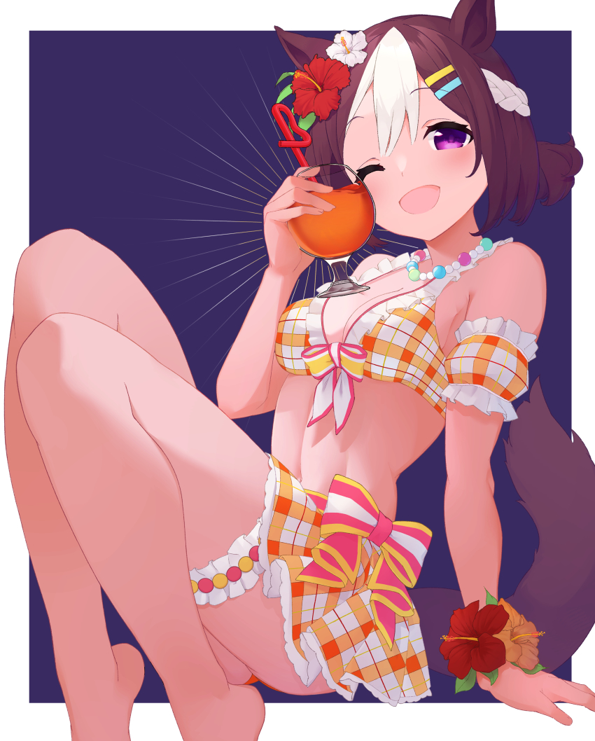 1girl, ;d, absurdres, animal_ears, bare_shoulders, barefoot, bikini, bikini_skirt