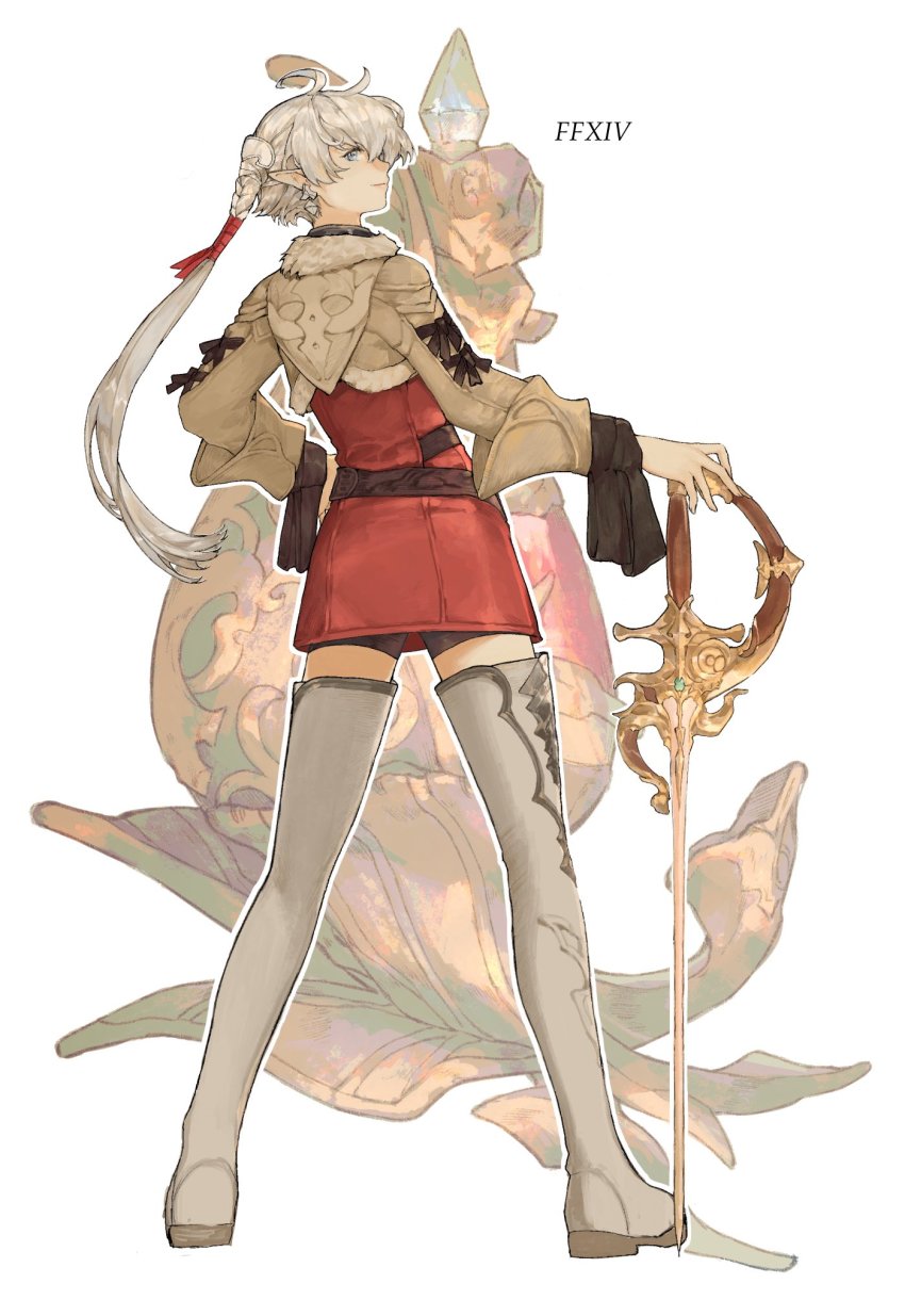 1girl, alisaie_leveilleur, antenna_hair, beige_jacket, belt, blue_eyes, boots, bow