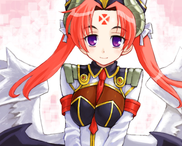 1girl, between_breasts, breasts, breasts_squeezed_together, cloche_(shinrabanshou), facial_mark, female_focus, forehead_mark, hikabe_sakuho, horns, long_hair, necktie, purple_eyes, red_hair, shinrabanshou, shirokarasuou_kuroushi, smile, solo, wings