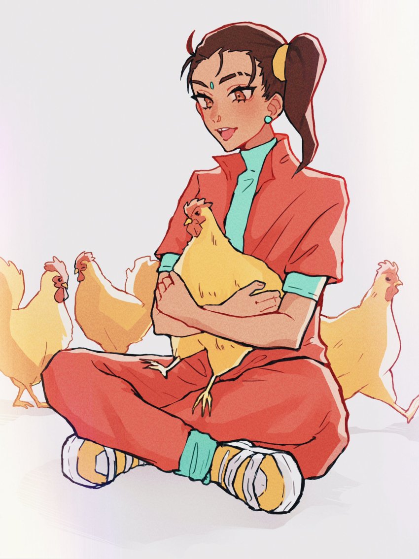 1girl, 4o3o, animal, animification, apex_legends, bird, brown_hair, chicken