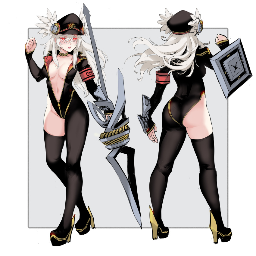 1girl, arm_up, armband, ass, bodysuit, boots, breasts, cleavage