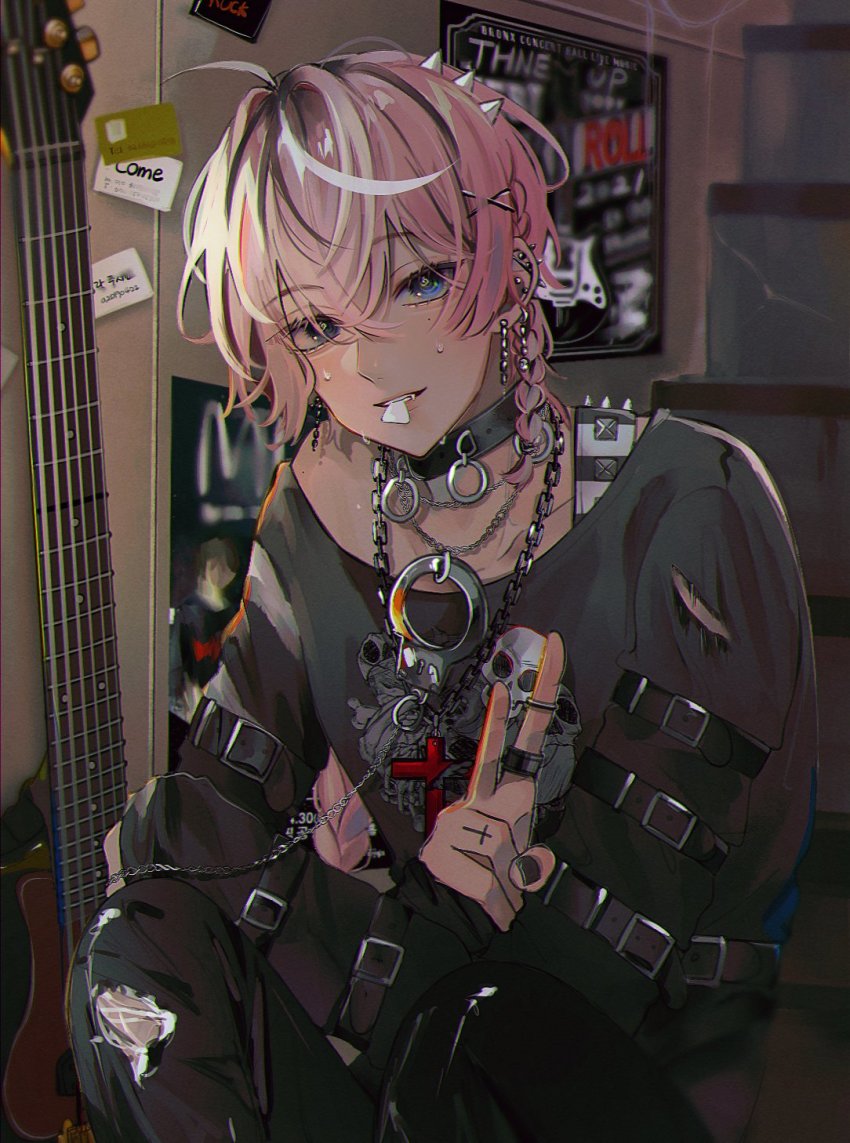 1boy, a20190422, ahoge, biting, chain, choker, cross, crossed_bangs