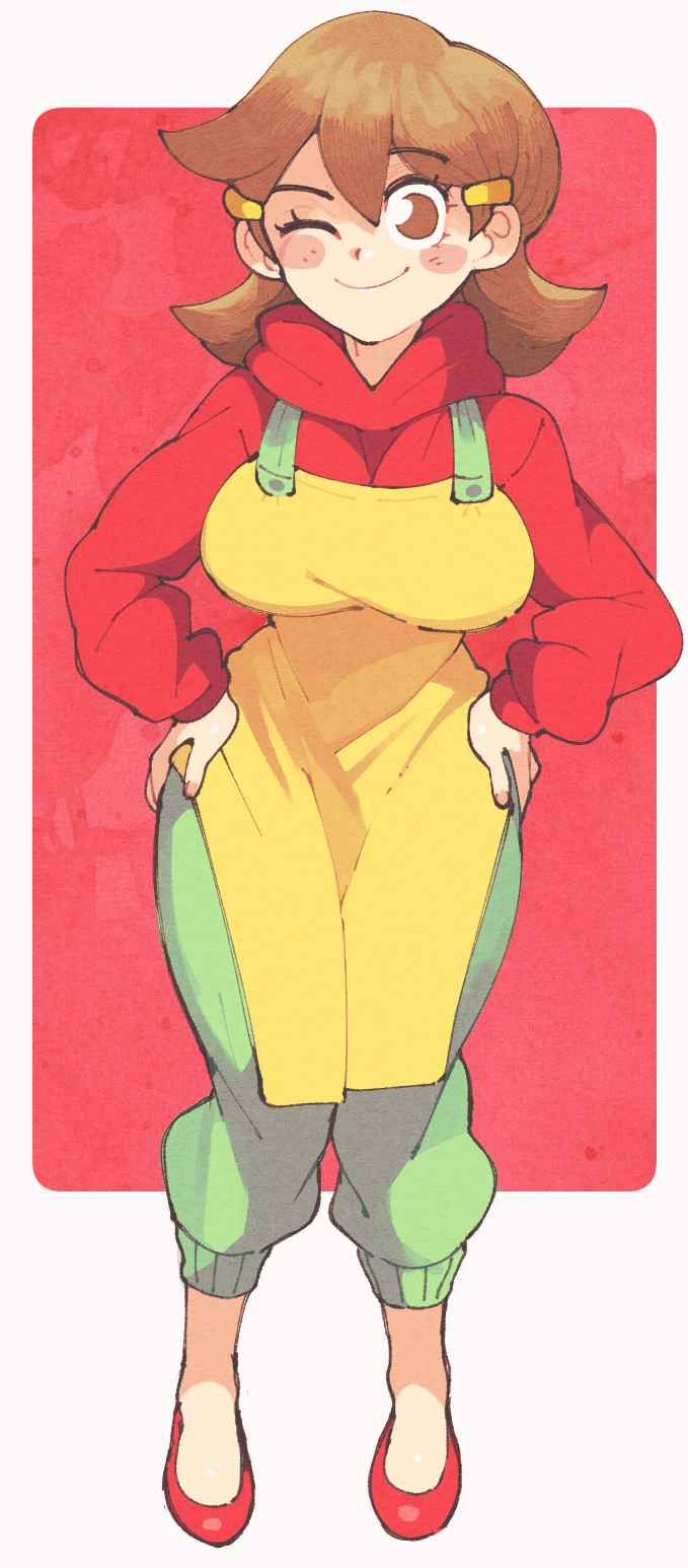 1girl, 5-volt, apron, blush_stickers, border, breasts, brown_hair, facing_viewer