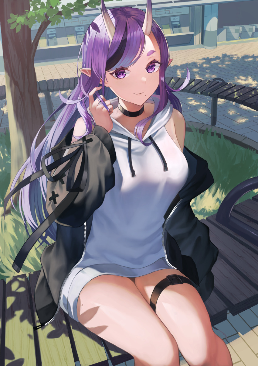 1girl, :3, absurdres, bench, black_choker, black_hair, black_jacket, blush