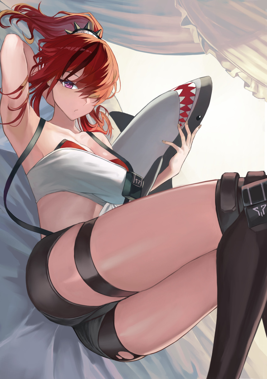 1girl, absurdres, arm_up, armpits, bike_shorts, bike_shorts_under_shorts, black_hair, black_shorts