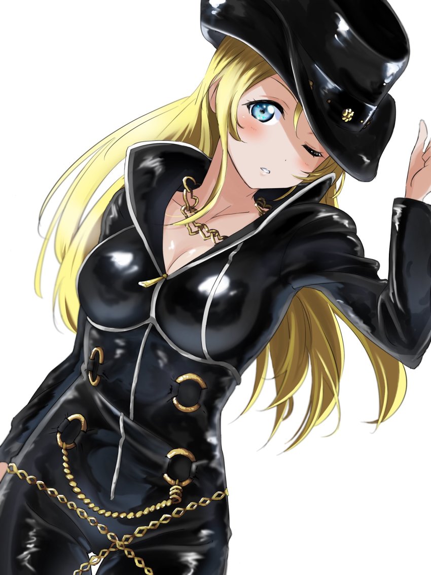 1girl, ;), artist_name, artist_request, ayase_eli, black_bodysuit, black_hat, black_pants