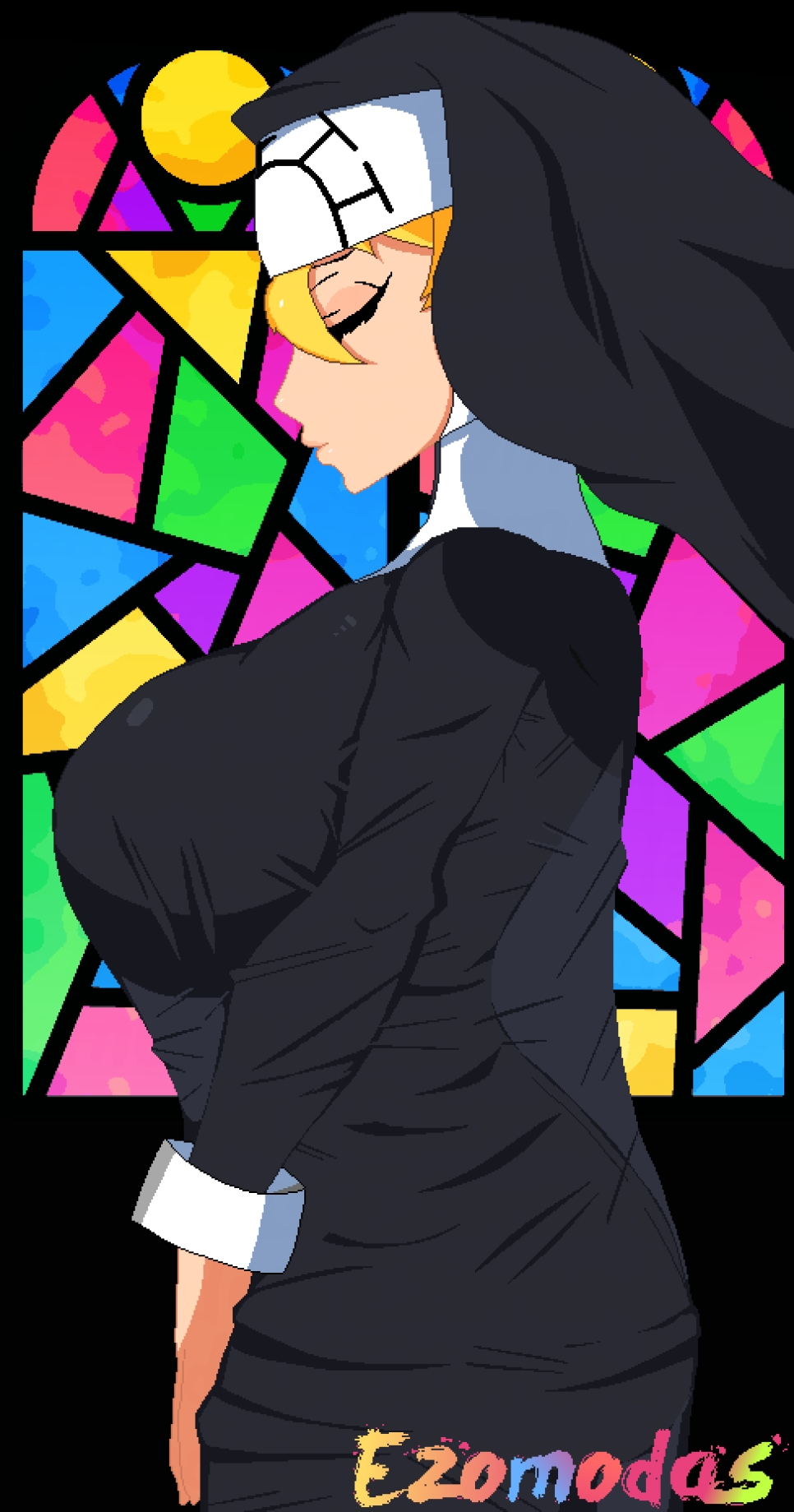 1girl, artist_name, ass, blonde_hair, breasts, cowboy_shot, double_(skullgirls), closed_eyes, ezomodas, from_side, habit, highres, large_breasts, nun, see-through_clothes, see-through_silhouette, skullgirls, solo, stained_glass