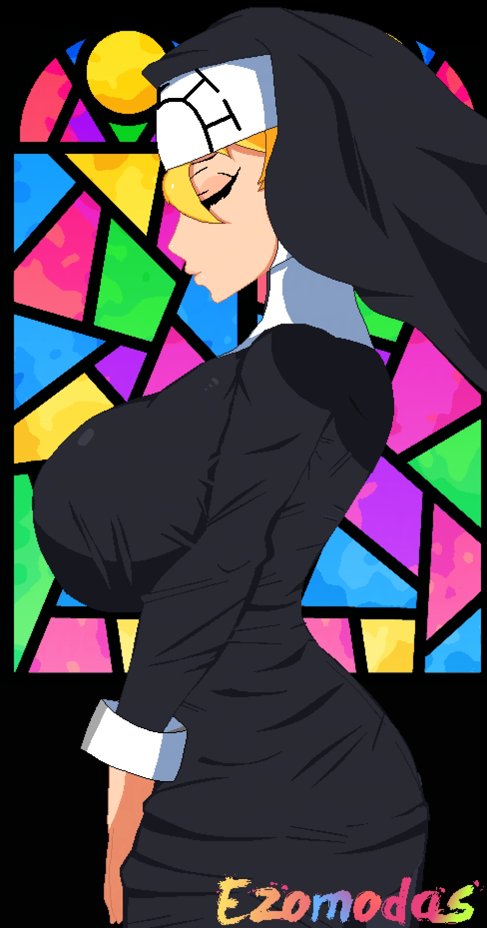 1girl, artist_name, ass, blonde_hair, breasts, cowboy_shot, double_(skullgirls), closed_eyes, ezomodas, from_side, habit, highres, large_breasts, nun, skullgirls, solo, stained_glass