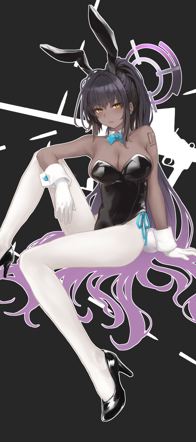 1girl, animal_ears, arm_on_knee, bare_shoulders, black_background, black_footwear, black_hair, black_leotard, blue_archive, blue_bow, blue_bowtie, bow, bowtie, breasts, cleavage, collar, commentary_request, dark-skinned_female, dark_skin, detached_collar, earrings, fake_animal_ears, fake_tail, gloves, gradient_hair, halo, high_heels, highres, jewelry, karin_(blue_archive), karin_(bunny)_(blue_archive), kosumone, large_breasts, leotard, long_hair, looking_at_viewer, multicolored_hair, pantyhose, playboy_bunny, ponytail, purple_hair, rabbit_ears, rabbit_tail, sitting, solo, strapless, strapless_leotard, tail, tattoo, traditional_bowtie, very_long_hair, white_collar, white_gloves, white_pantyhose, yellow_eyes