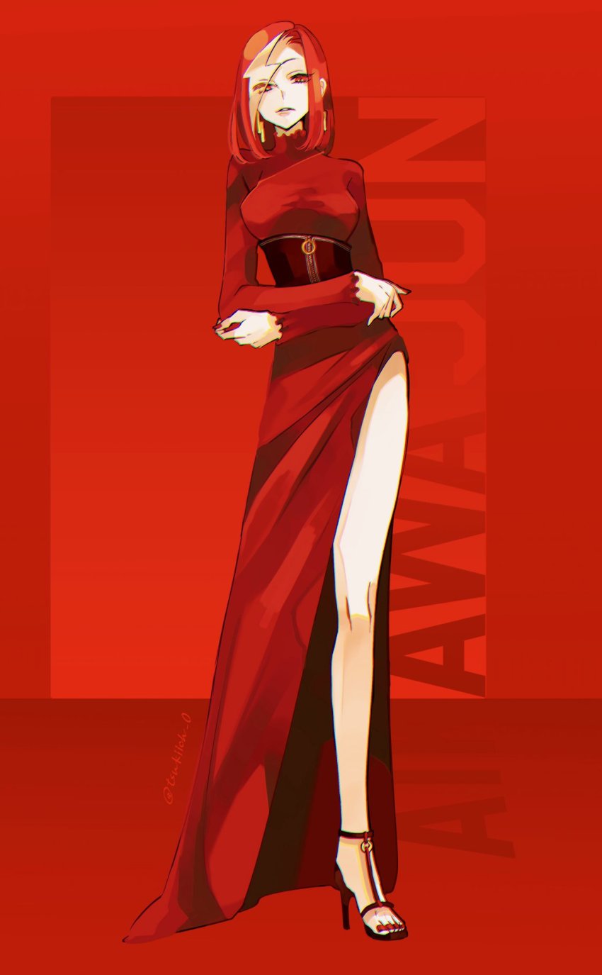 1girl, aikawa_jun, clothes_lift, clothing_cutout, dress, dress_lift, earrings, full_body