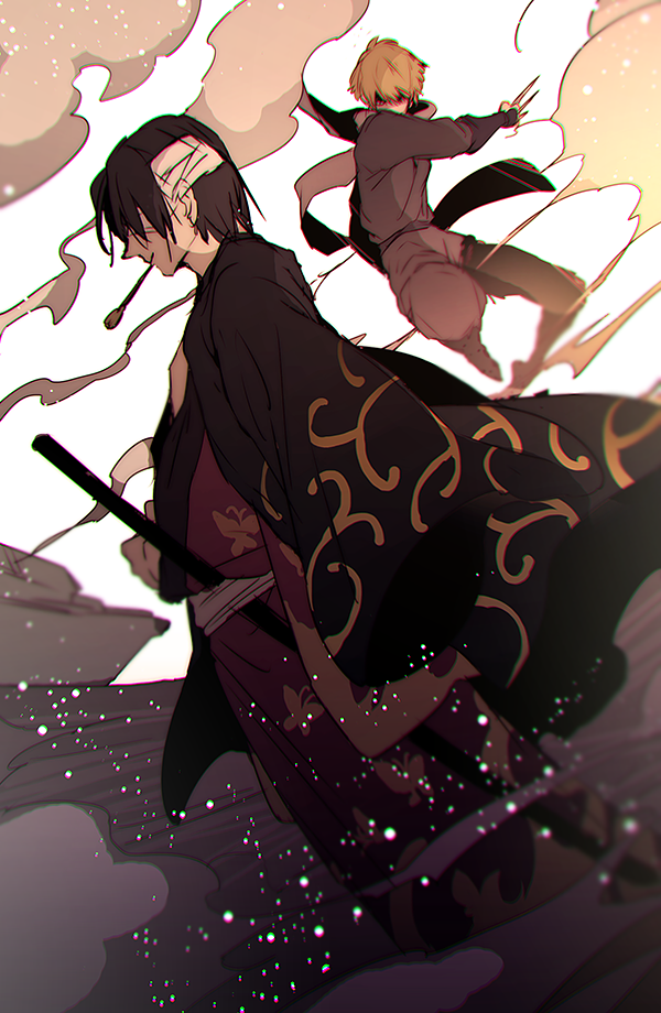 2boys, bandaged_head, bandages, gintama, haori, hattori_zenzou, holding, holding_weapon