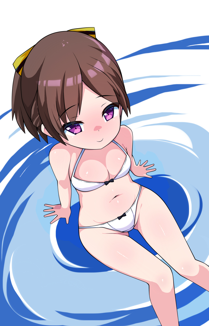 1girl, absurdres, belly, bikini, breasts, brown_hair, closed_mouth, eyebrows, go!_go!_nippon!, go!_go!_nippon!_2015, go!_go!_nippon!_live_with_you!, go!_go!_nippon!_~my_first_trip_to_japan~, hair_ribbon, highres, legs, manga_gamer, medium_breasts, misaki_akira, pruzhka_(wardi113), purple_eyes, ribbon, smile, swimsuit, thighs, virtual_youtuber, white_bikini