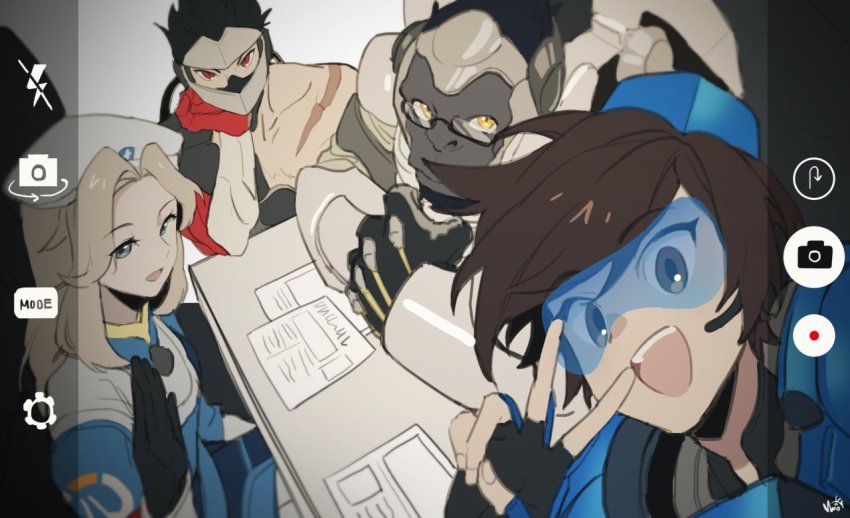 1boy, 2girls, blackwatch_genji, blonde_hair, brown_hair, cadet_oxton, cyborg, genji_(overwatch)