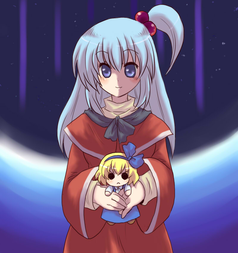 >:<, 1girl, :<, alice_margatroid, alice_margatroid_(pc-98), blue_eyes, blush, capelet, closed_mouth, doll, dress, female_focus, hair_bobbles, hair_ornament, hairband, long_hair, mystic_square, ribbon, shinki_(touhou), side_ponytail, silver_hair, smile, solid_circle_eyes, solo, toto_(hitori_othello), touhou, touhou_(pc-98), v-shaped_eyebrows