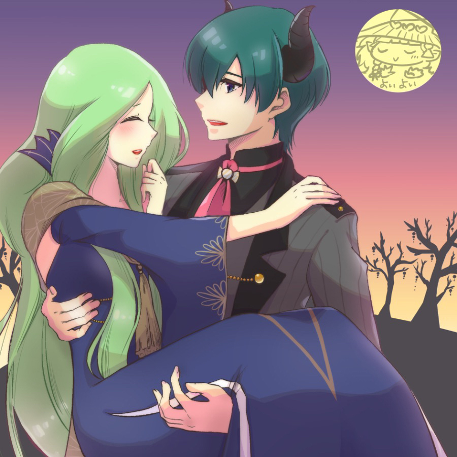1boy, 1girl, ajapa0621, blue_hair, male_byleth_(fire_emblem), carrying, couple, demon_horns, fire_emblem, fire_emblem:_three_houses, fire_emblem_heroes, flustered, green_hair, halloween, halloween_costume, horns, long_hair, nintendo, princess_carry, rhea_(fire_emblem), smile, sothis_(fire_emblem)