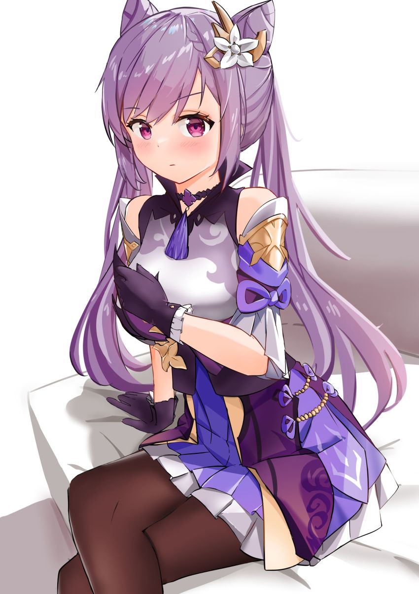1girl, absurdres, blush, breasts, double_bun, dress, genshin_impact, gloves, hair_bun, highres, keqing_(genshin_impact), looking_at_viewer, medium_breasts, pantyhose, ps_rinsu, purple_eyes, purple_hair, solo, twintails