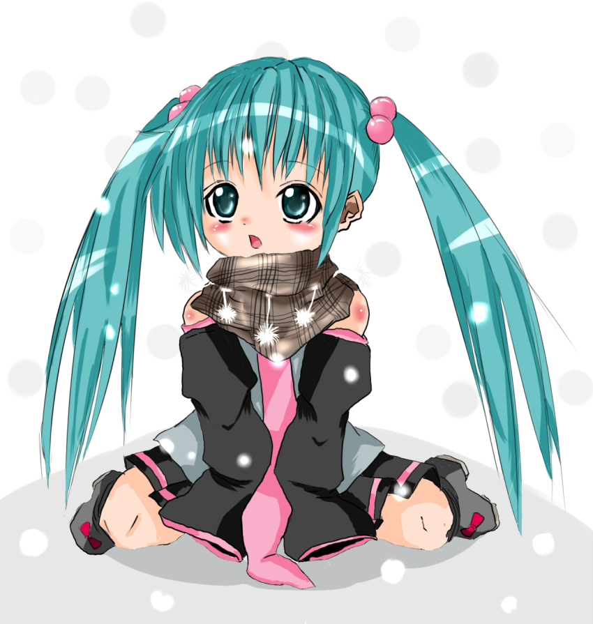 alternate_color, aqua_eyes, aqua_hair, bad_id, bad_pixiv_id, blush, child, hatsune_miku, highres, long_hair, nm_kuro, petite_miku, scarf, snow, solo, twintails, vocaloid