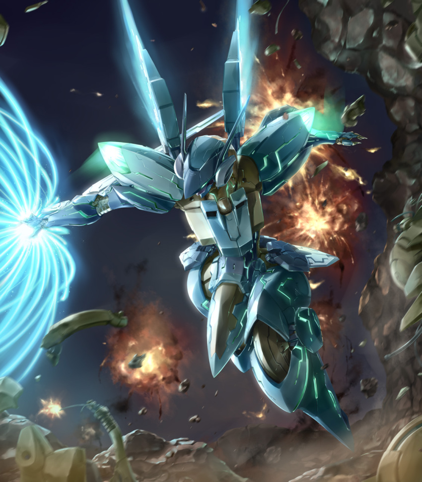 00s, bad_id, bad_pixiv_id, energy_beam, epic, explosion, highres, itano_circus, jehuty, laser, mecha, neon_trim, no_humans, robot, solo, space, tomo_(machinemess), zoe, zone_of_the_enders