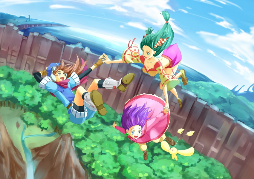 00s, 1boy, 2girls, :d, blue_eyes, dress, earrings, end_of_the_world_(grandia)