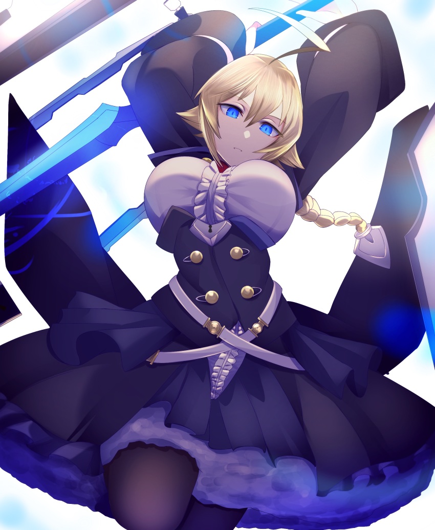 1girl, absurdres, ahoge, black_legwear, blazblue, blazblue:_central_fiction, blazblue:_cross_tag_battle, blonde_hair