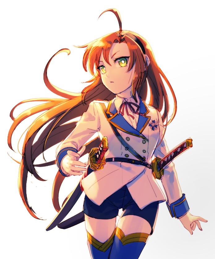 1girl, ahoge, black_shorts, blue_legwear, green_eyes, hairband, hinaichi_(kyuuketsuki_sugu_shinu), jacket, kyuuketsuki_sugu_shinu, long_hair, norun, orange_hair, sheath, sheathed, shorts, simple_background, solo, sword, uniform, weapon, white_background, white_jacket