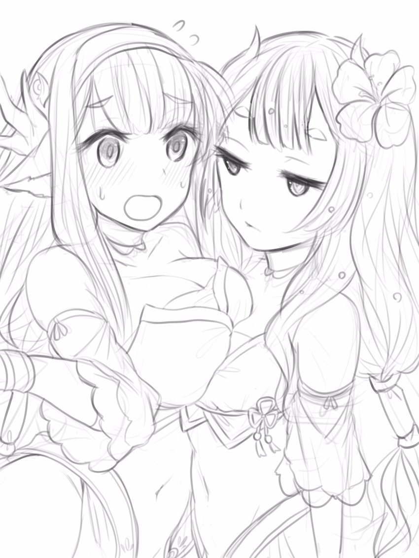 2girls, animal_ears, aquaplus, bare_shoulders, blush, breast_press, breasts, choker