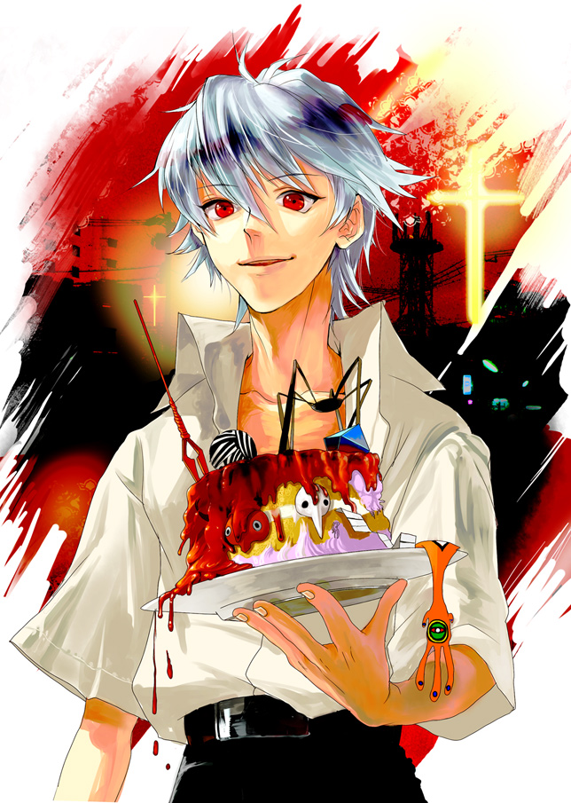 1boy, 8981, angel_(evangelion), angel_food_cake, bad_id, bad_pixiv_id, bident, cake, cross, food, icing, lance_of_longinus_(evangelion), leliel_(evangelion), male_focus, matariel, nagisa_kaworu, neon_genesis_evangelion, plate, polearm, pun, ramiel_(evangelion), red_eyes, sachiel_(evangelion), sahaquiel_(evangelion), sandalphon_(evangelion), short_hair, silver_hair, solo, weapon, zeruel_(evangelion)