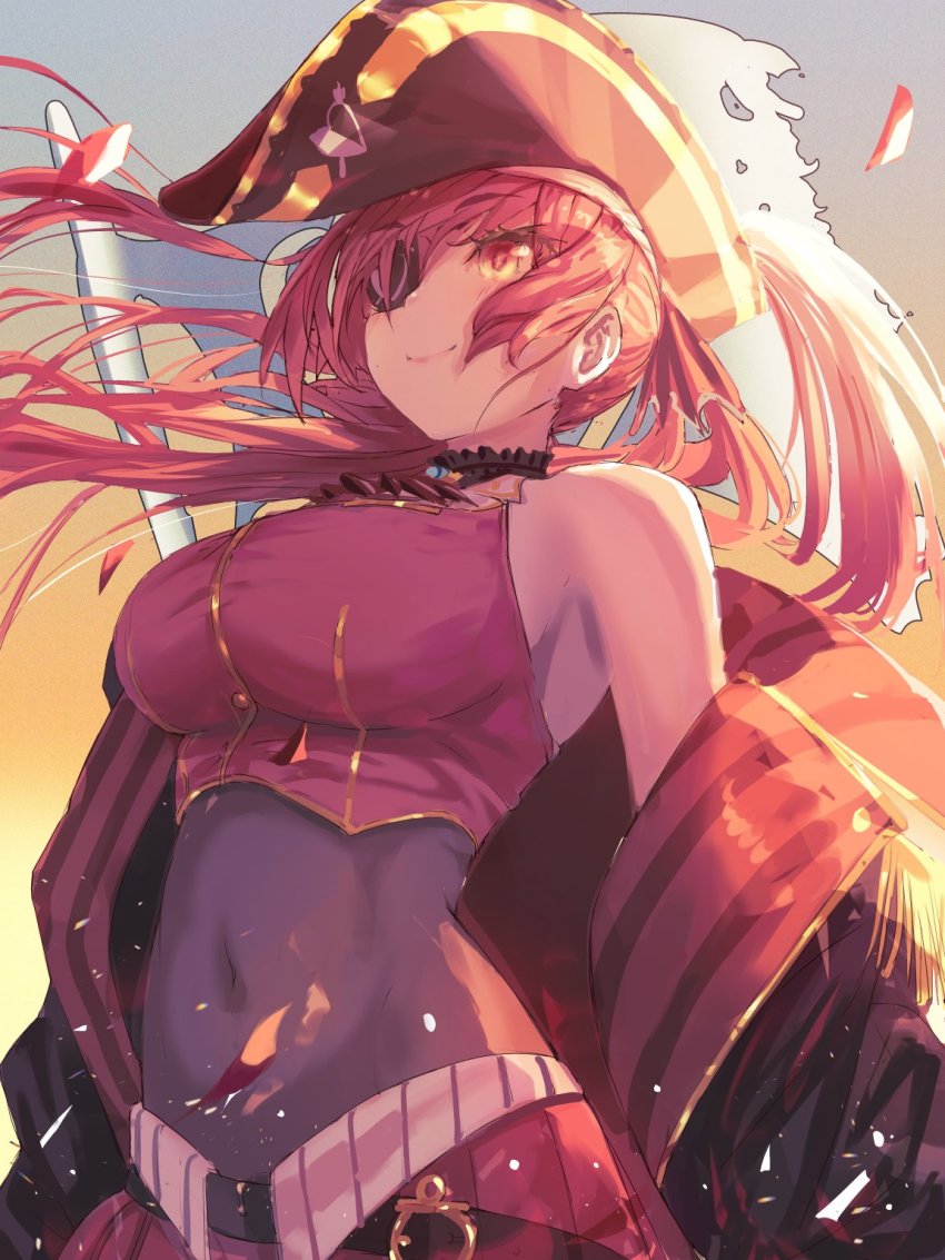 1girl, ascot, black_headwear, breasts, choker, eyepatch, frilled_choker, frills