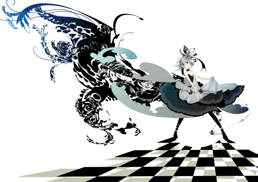 1girl, abstract, bare_shoulders, bati15, blue_eyes, bow, choker, clothes_lift