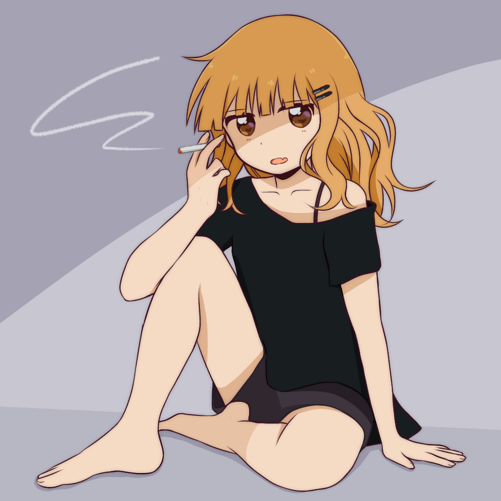 1girl, arm_support, barefoot, between_fingers, black_shirt, black_shorts, blonde_hair, brown_eyes