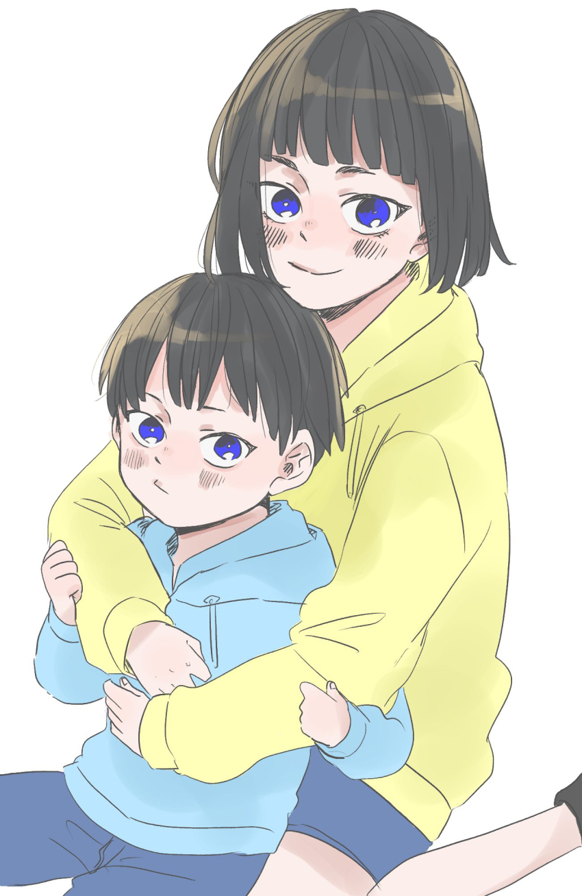 1boy, 1girl, black_hair, blue_eyes, blue_hoodie, brother_and_sister, haikyuu!!, highres