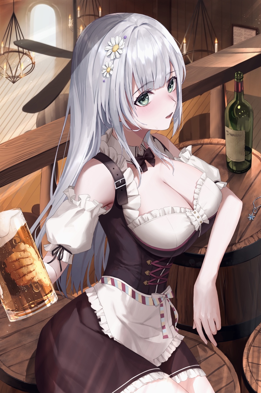 1girl, absurdres, apron, barrel, beer_mug, black_bow, black_bowtie, black_skirt