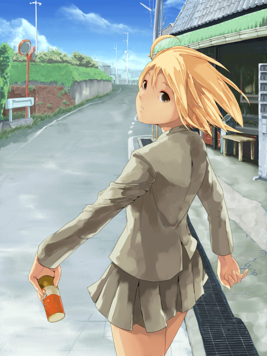 1girl, ahoge, blazer, blonde_hair, brown_eyes, can, canned_coffee, cloud, crack, day, dress, drink, drink_can, female_focus, from_behind, grass, hako_(daibanchou), highres, jacket, looking_at_viewer, looking_back, mirror, original, parted_lips, pleated_skirt, power_lines, road, shop, short_hair, skirt, sky, solo, street, traffic_mirror, utility_pole, vanishing_point, vending_machine