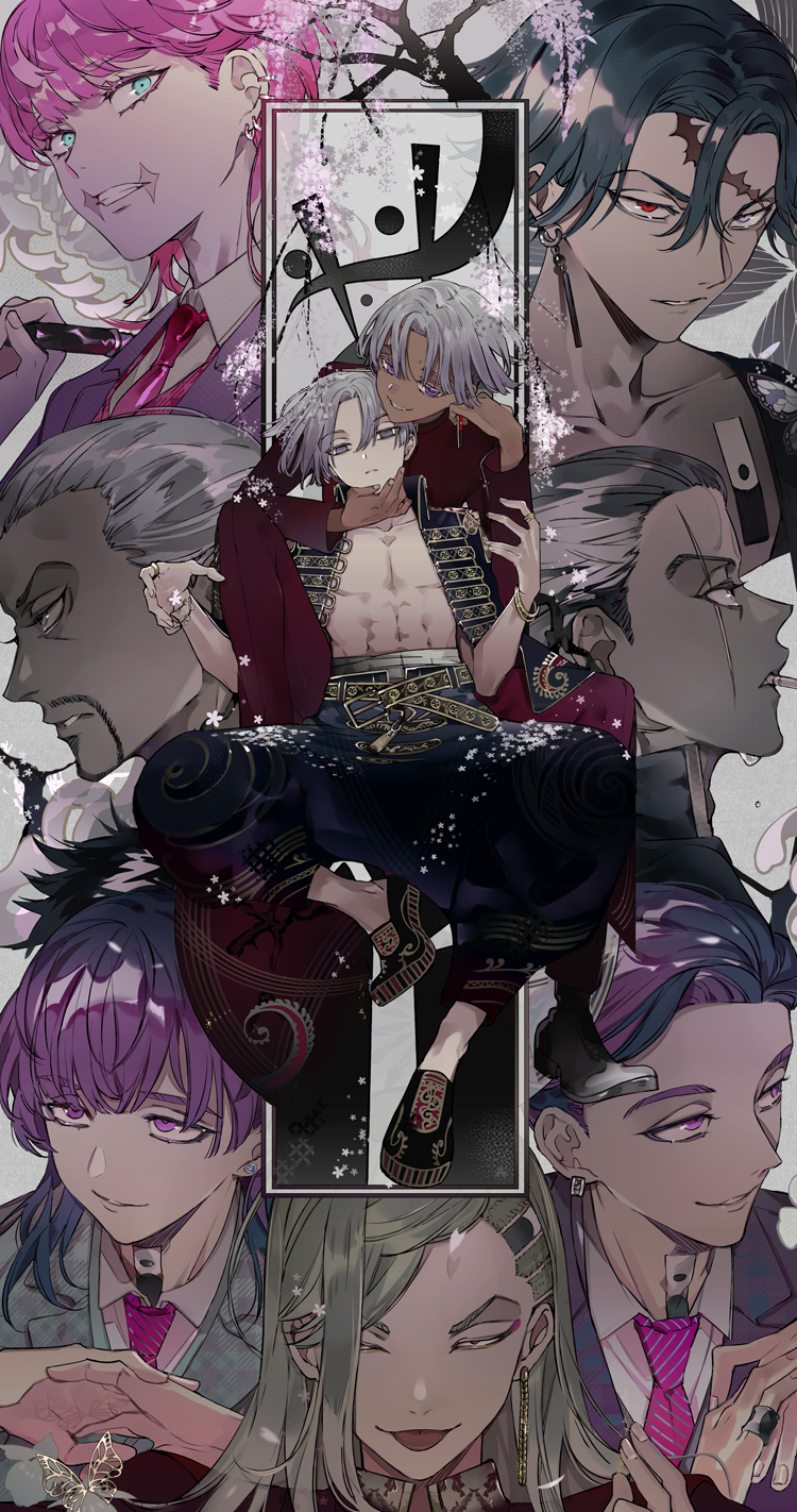 6+boys, abs, akashi_takeomi, aqua_eyes, beard, black_footwear, black_hair, black_jacket