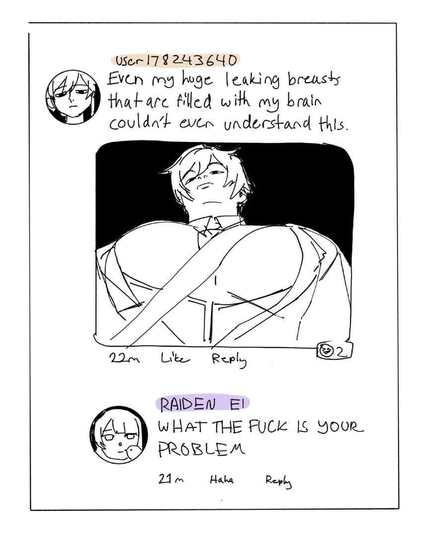 1boy, 1girl, between_breasts, breasts, bucumberr, chat_log, english_text, facebook_like