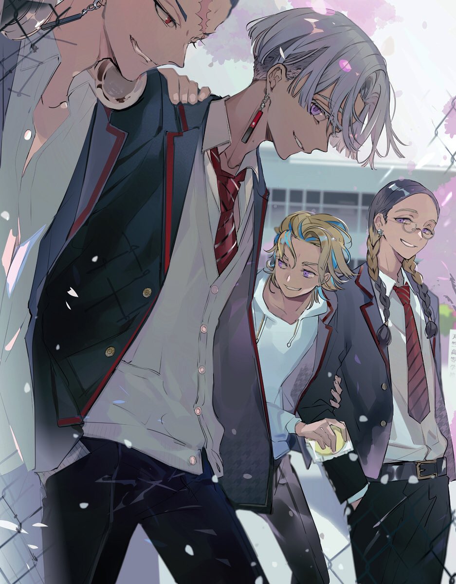 4boys, belt, black_belt, black_hair, black_jacket, black_pants, blazer, blonde_hair