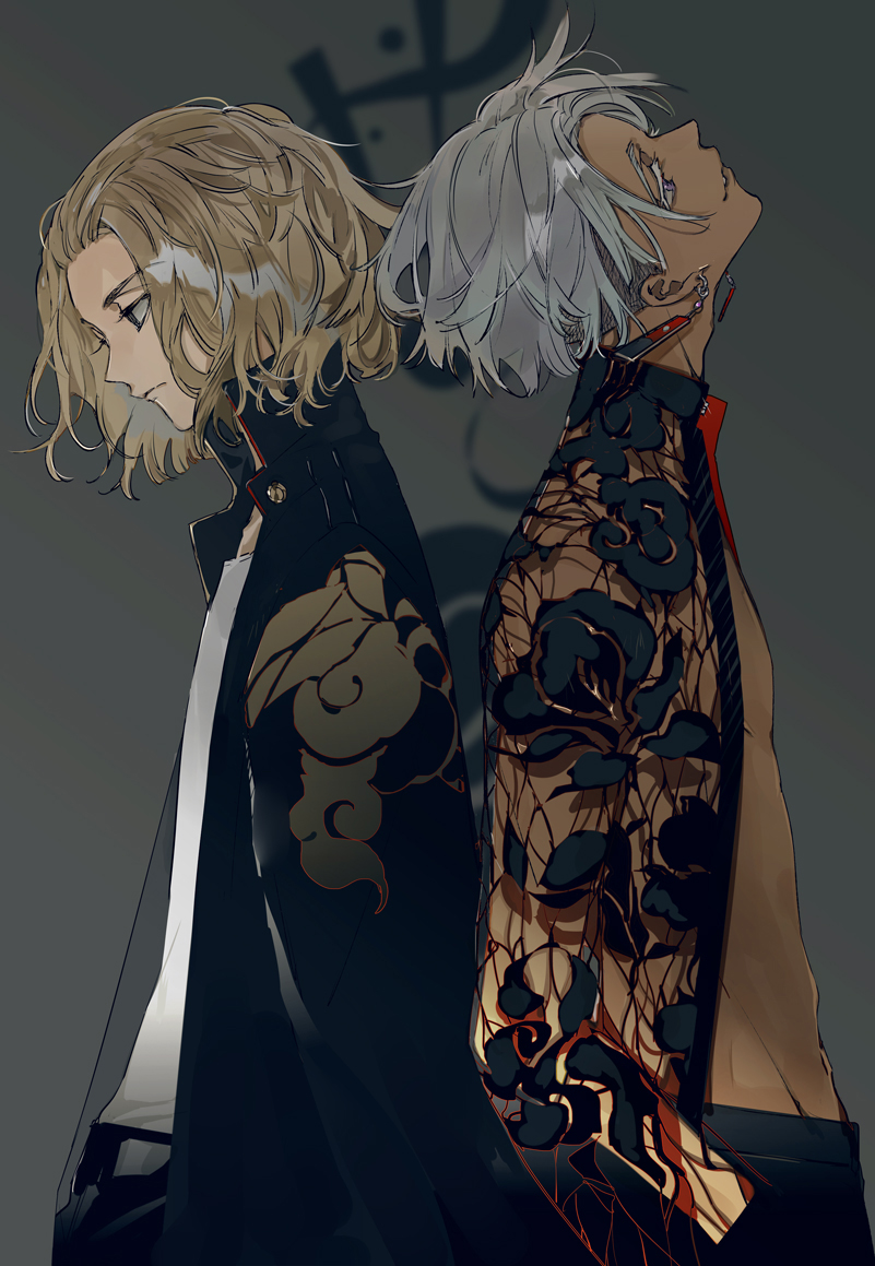 2boys, back-to-back, black_coat, black_eyes, black_pants, blonde_hair, closed_mouth, coat
