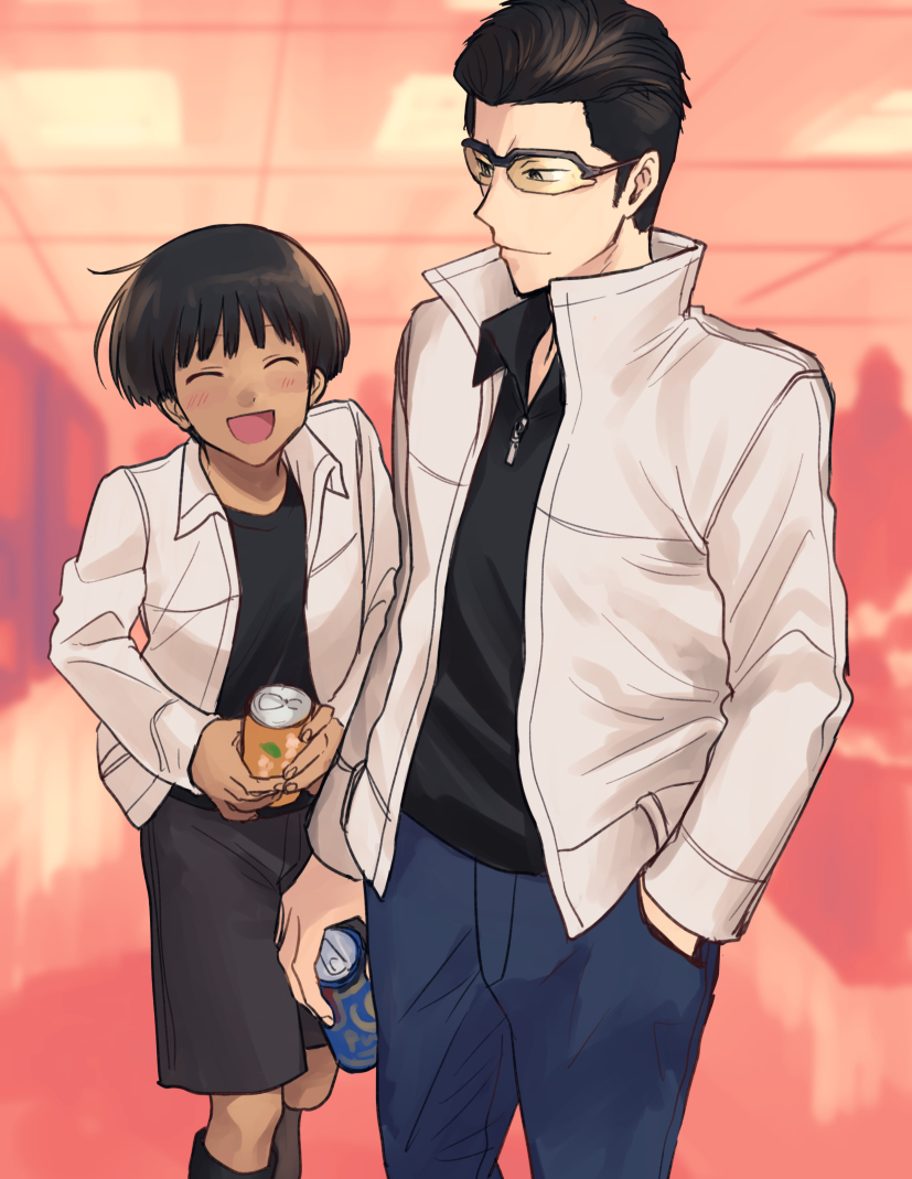 1boy, 1girl, :d, black_eyes, black_hair, black_shirt, black_shorts, blue_pants, blush, can, closed_mouth, dark-skinned_female, dark_skin, glasses, hand_in_pocket, holding, holding_can, iwashi_(msr_rgb), jacket, long_sleeves, looking_at_another, obishima_yukari, open_mouth, pants, shirt, short_hair, shorts, smile, standing, white_jacket, world_trigger, yuba_takuma