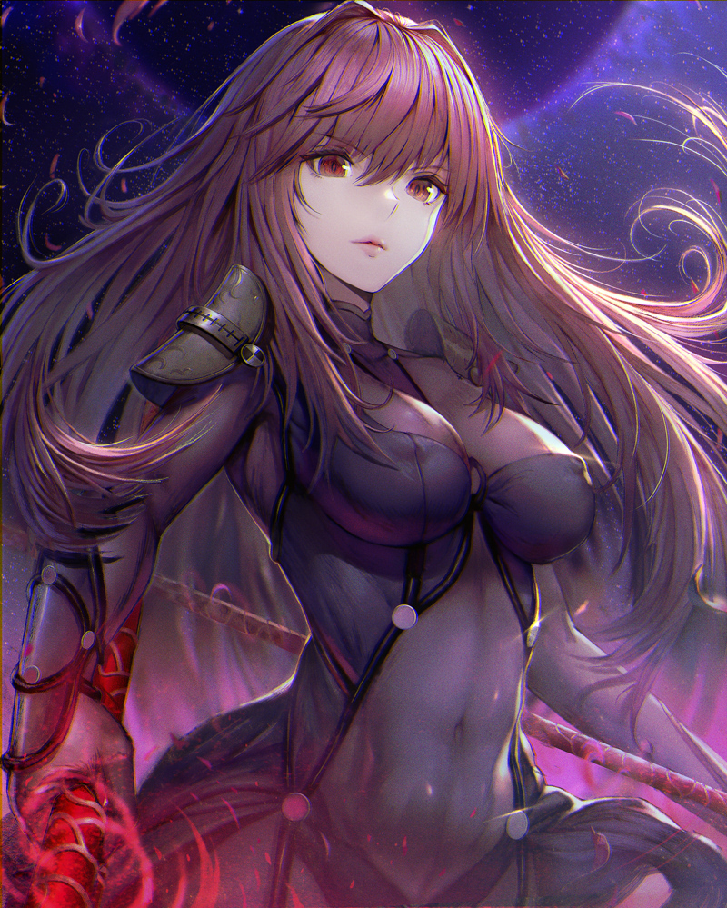 1girl, armor, bodysuit, breasts, closed_mouth, commentary, covered_erect_nipples, covered_navel