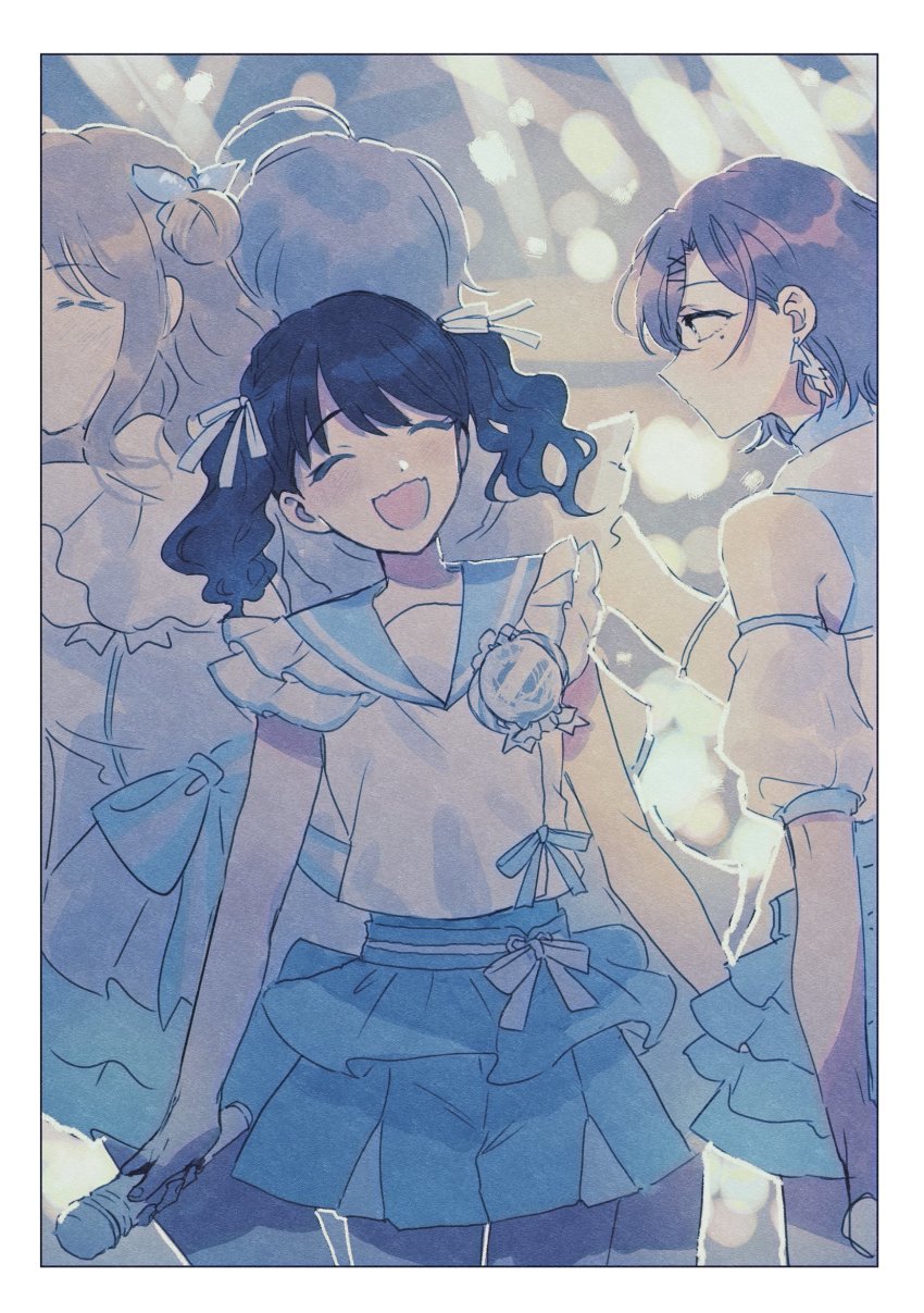 4girls, ahoge, asakura_toru, black_hair, blue_ribbon, blue_skirt, brown_hair, commentary_request